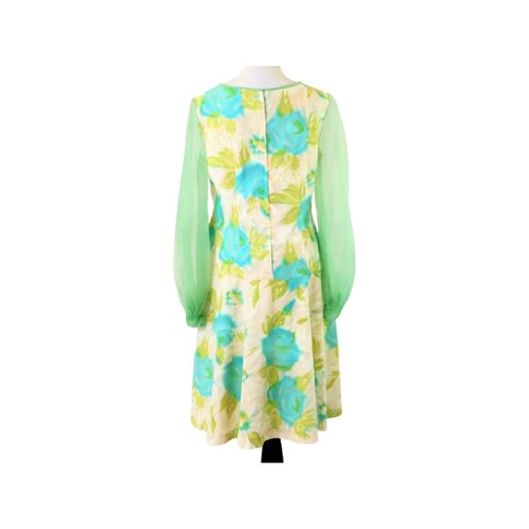 Vintage 1960s Pastel Floral Printed Drop Waist Dress With Chiffon Sleeves Large - Picture 3 of 7